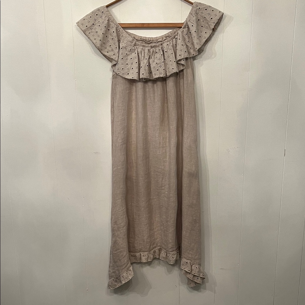 Marina Gigli Off-Shoulder Eyelet-Trim Linen Midi Dress in Taupe made in Italy